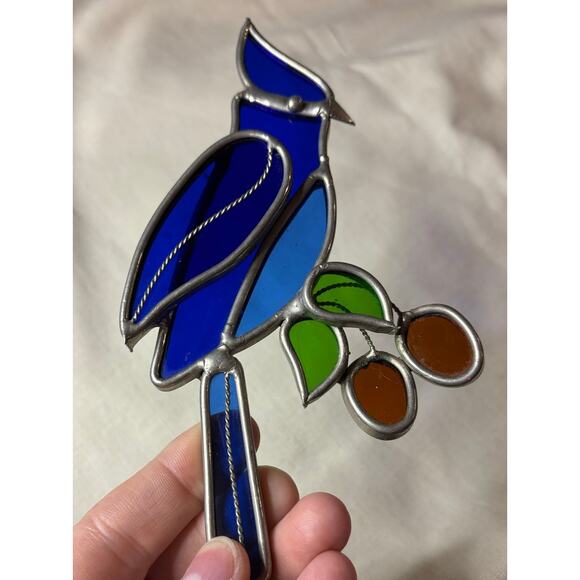 Vintage Stained Glass Blue Bird Suncatcher Cobalt Blue Green Leaves 6x3 - Picture 7 of 9